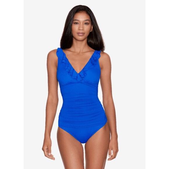 LAUREN RALPH LAUREN Beach Club Solids Ruffle One Piece Size 4 Royal Blue NWT - Picture 1 of 13
